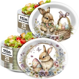 Wiooffen 50Pcs Easter Party Plates Bunny Oval Plates Floral Rabbit Paper Dinnerware Easter Egg Platter Dish Tray for Spring Baby Shower Wedding Birthday Party Table Decoration Favor Supplies 50 Guests