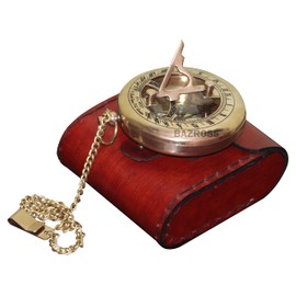 Vintage Brass Sundial Compass with Leather Case - Antique Brass & Copper Sun Clock for Camping, Hiking, Touring - Engraved Gift for Him - Nautical Ship Replica Watch - Sundial Clock in Box