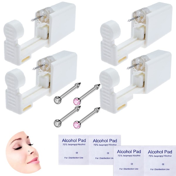 RASDDER 4-Pack Disposable Self Piercing Kit with Built-in Nose Studs, Very Safe Piercing Gun, Simple and Convenient Operation, Ideal for Family Use (White + Pink)