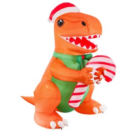 Giant 9-Foot Dinosaur Christmas Inflatable T-Rex with Santa Hat & Candy Cane - Outdoor Blow Up Xmas Decoration with LED Lights, Durable Self-Inflating Design, Stakes, Tethers & Blower Included