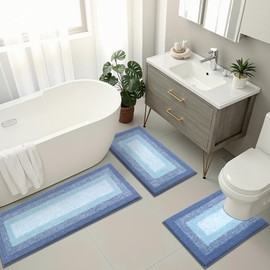 Bsmathom Microfiber Bathroom Rugs Sets 3 Piece, Non-Slip Absorbent Bath Mats, Soft Shaggy Bathroom Rugs with U-Shaped Toilet Rug Machine Washable Bath Rugs, Light Blue