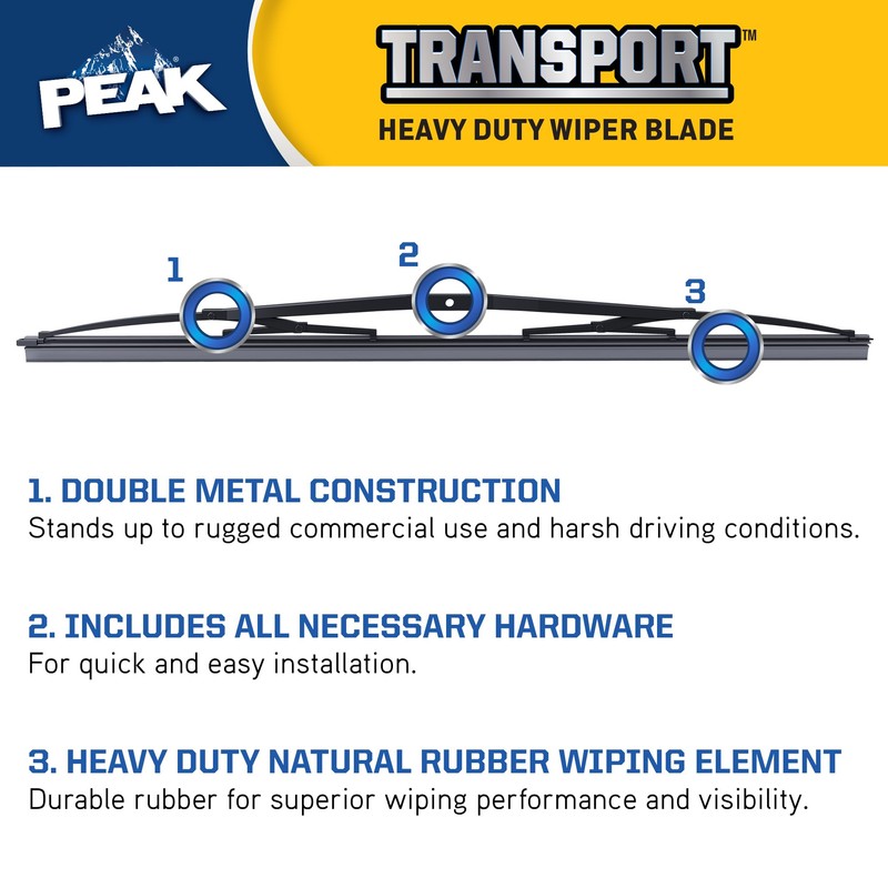 PEAK Transport Heavy Duty Windshield Wiper Blade, Durable Metal Wiper