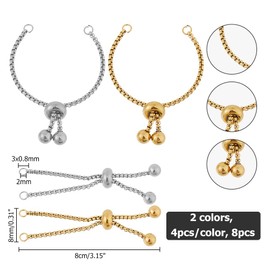 Hobbspring 8Pcs 2 Colors Adjustable Slider Bracelet Slider Extender Chains 3.15 Inches 304 Stainless Steel Slider Bracelet with Ball Ends Jewelry Making Findings for DIY Bracelet Craft
