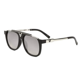 Khan Square Flat Top Retro Luxury Aviator Sunglasses (Black & Silver Frame, Silver Mirror Lenses)