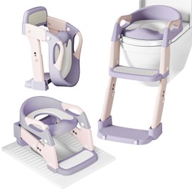 3 in 1 Potty Training Seat for Toddlers Adjustable Toilet Trainer with Anti-Slip Steps and Splash Guard Converts to Step Stool & Child Toilet Chair Foldable Design for Boys & Girls(Purple)