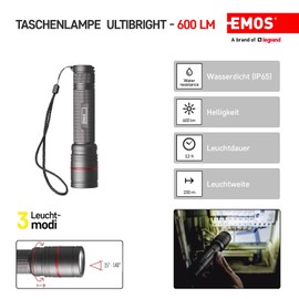EMOS - aufladbare CREE-LED-Metall-Taschenlampe mit Fokus - Ultibright 80-3 Modi - stoßbeständig, wasserdicht - superhell 600lm, max. 230m - Inkl. Band und Beutel - für Innen- und Außenbereich - grau