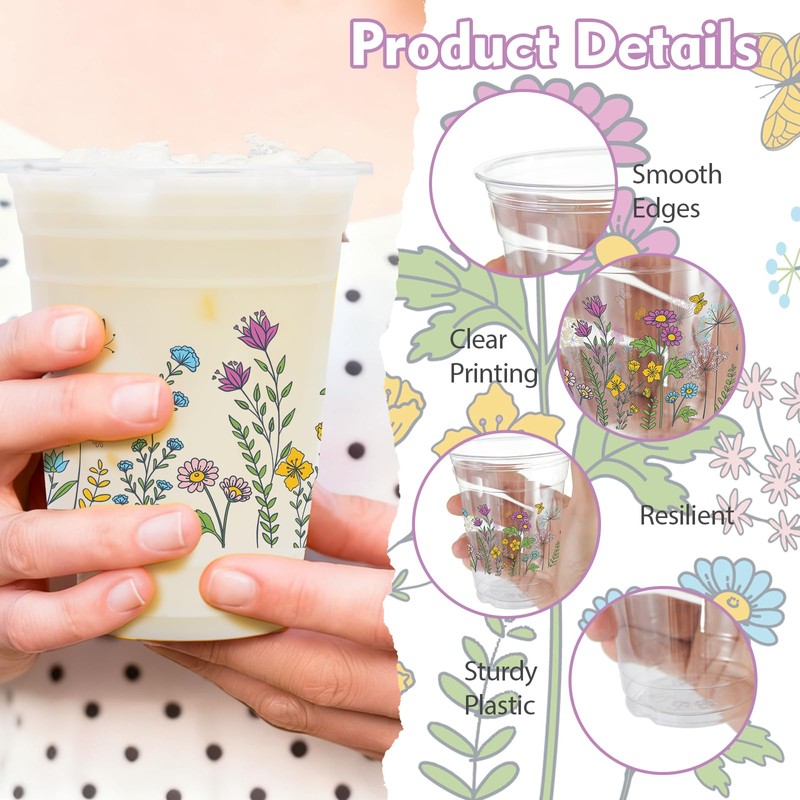 ZCPTZ 100 Sets Wildflower Plastic Cups with Straws & Lids