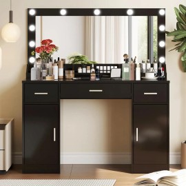 47.5" Wood Vanity Desk Mirror 3 Lighting Modes Adjustable Brightness 3 Drawers 2 Vertical Cabinets Makeup Vanity for Women Girlscolor: Black, size: Standard