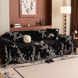 Black Vintage Couch Cover Botanical Vine Jacquard Slipcover for Loveseat Sectional Soft Textured Chenille Couch Cover Blanket Farmhouse Throw Sofa Covers Washable, Large 71"x118"