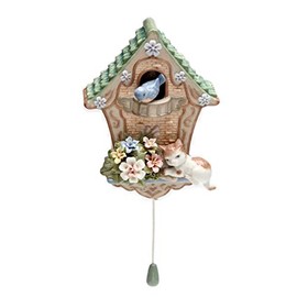 Cosmos Cat on Brown Bird House with Flowers and Bird Collectible Music Box