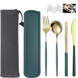 Fleymu Camping Cutlery and Travel Cutlery, 4 Pieces Portable Stainless Steel Cutlery Set, Reusable Camping Cutlery with Organiser and Drawstring Bag for Office, School and Travel. (Gold Green)