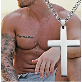 Cross 2" Big CROSS CHRISTIAN RELIGIOUS pendant ITALIAN 925 SILVER Plated 26" chain men