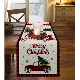 Christmas Truck Cotten Linen Table Runners 90 Inches Long, Red Buffalo Plaid, Non-Slip Burlap Table Cloth Runner for Home/Dining/Wedding/Party/Holiday, Farmhouse Christmas Theme Table Decorations