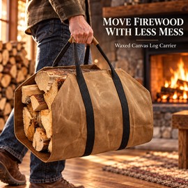 Waxed Canvas Firewood Carrier Bag with Reinforced Handles, Water-Resistant Log Tote for Fireplace, Cabin and Camping