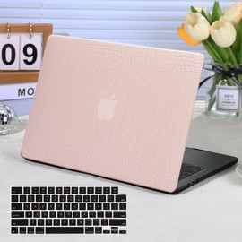 Funut for MacBook Air 13.6 inch Case 2022 2023 2024 2025 Release A3240 A3113 A2681 with Touch ID, MacBook Air 13 M2 M3 M4 Cover Crocodile Leather Hard Shell Case & Keyboard Cover, Pink