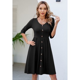 Lamilus Women's Casual Fall 3/4 Sleeve V-Neck Button Down A-Line Swing Party Dress (XL,Black-026-3/4)