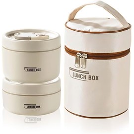 AMXGPT 2 Pcs Lunch Box Bento Boxes with Bag,Thermal Keep Warm Stainless Steel Lunch Box for Boy Girl SchoolOutdoor Camping(Beige)