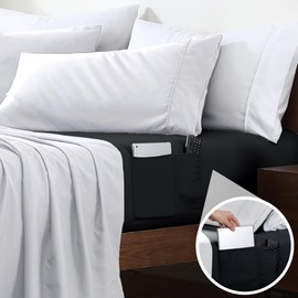 Cathay Home Queen Double-Sided Organizer Pocket Fitted Smart Sheet - Double Brushed Ultra Soft – Wrinkle & Fade Resistant - 14" Deep Pocket Fitted Sheet Only (Queen, Black)