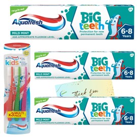 Kids Toothpaste Bundle with Aquafresh Big Teeth 6-8 Years 3 x 50ml and 3 Pack Aquafresh Kids Toothbrushes with Glameno Thank You Card