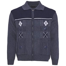 Mens Knitted Cardigan Chunky Knit with Full Zip Front Closure Collared Neck Front Pockets, Large, Navy Mix