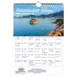 Reisezauber Europe Planner, DIN A4 Calendar for 2025, Europe, City and Country, Set: 1 x Calendar, 1 x Christmas Pendant, 1 x Greeting Tag (Total 3 Pieces)