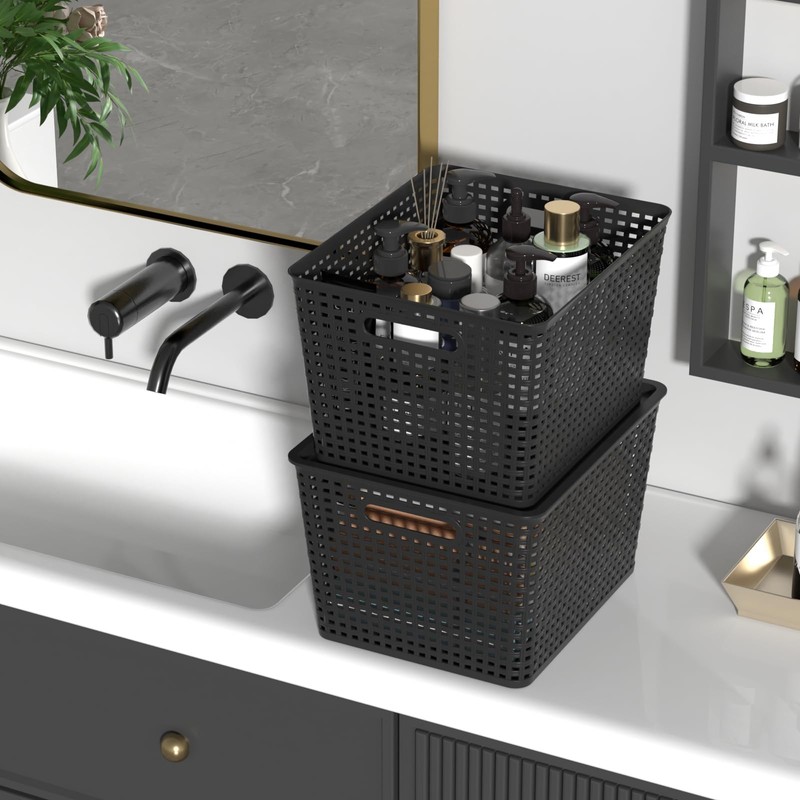 Innouse Plastic Organizing Baskets with Lids, Black Woven Storage Baskets,