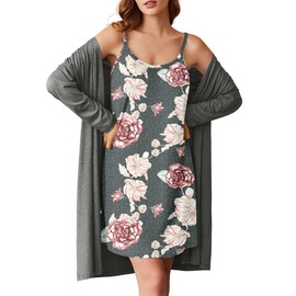 Ekouaer Robe Sets for Women 2 Pieces Nightgown Long Sleeves Sleepwear Soft Bathrobe 2024 Grey Pink Floral Medium