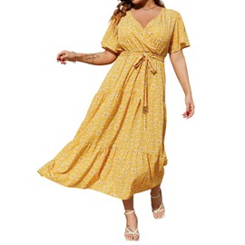 KOJOOIN Women Plus Size V Neck Wrap Maxi Dress Short Sleeves High Waist Ruffle Summer Casual Dress with Belt Yellow Flower XL