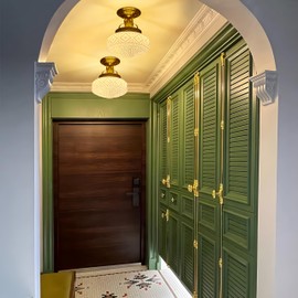 Bofea-Gold Semi Flush Mount Ceiling Light,Brass Vintage Flush Mounted Ceiling Lighting with Milk Yellow Glass Shade, Mid-Century Style Ceiling Light Fixture for Hallway Foyer Loft Bedroom.