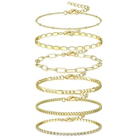 KALVICA Women's Gold Anklets Bracelet, Partner Bracelets Set, Bracelet, Jewellery, Adjustable Bracelet, Electroplated, 14 K Gold, Pack of 6, Stainless Steel