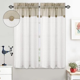 LuxFocus Net Curtains Set of 2 Patchwork Small Curtains with Buttons Decorative Half Short Curtains Airy Bistro Curtains Linen Look 2 x W 69 cm x H 114 cm Beige