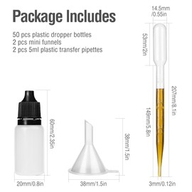 DONQL Pack of 50 Eye Dropper Bottles 10 ml Squeezable Dropper Bottles Liquid Container Dropper Bottle 10 ml Bottles for Liquid with 2 Set Stickers and 2 Funnel and 2 Test Tube