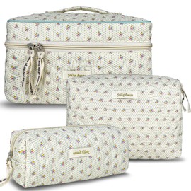 TOPALL Makeup Bag,Cosmetic Bag,Floral Cotton Quilted Makeup Bag,Classic Toiletry Bag,Cosmetic Pouch,Makeup Bag for Women Girls,Flower 3PCS(Large+Medium+Pouch)