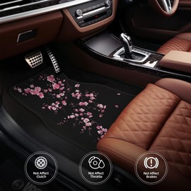MAGIFUN 4Pcs Car Floor Mats Carpets Pink Cherry Blossom Cars Floor Protector for Carpet Black Cute Floral Non-Slip Car Rear Floor Mats Universal Auto Interior Accessories Black Car Mats