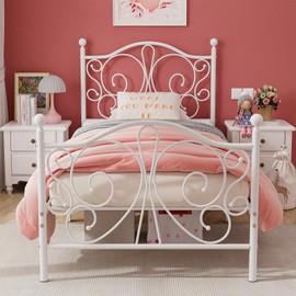 Merronix Twin Bed Frames with Butterfly Pattern Headboard and Footboard，Twin Size Bed Easy Assembly No Box Spring Needed Heavy Duty Metal Platform, White