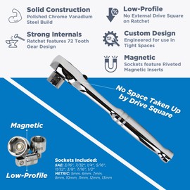 Original TITE-REACH 1/4” Drive Low Profile Ratchet & Socket Set, Standard and Metric Magnetic Sockets, Stubby Sockets, Made for Tight Spaces (Standard Handle)
