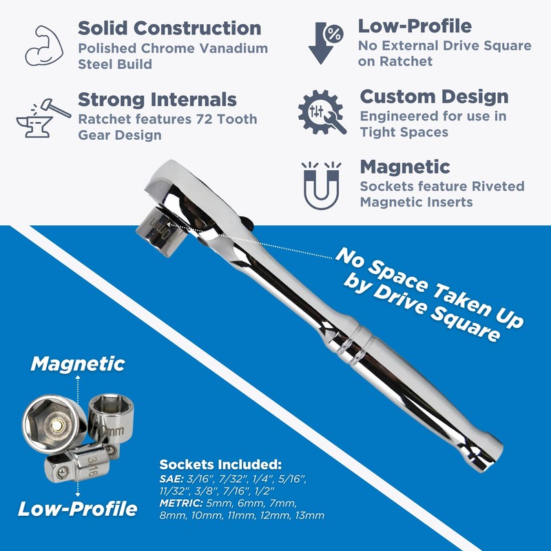 Original TITE-REACH 1/4” Drive Low Profile Ratchet & Socket Set,