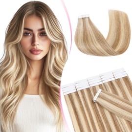 Tape Extensions Real Hair 20 Pieces 35 cm Golden Brown & Blonde Remy Invisible Hair Tape-In Hair Extensions Natural 30 g 14 Inches #12P613 Straight Real Hair Skin Weft Tape