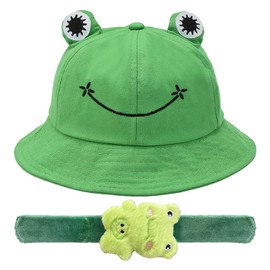 YSJCHEBS 1 x Frog Fishing Hat, 1 x Frog Bracelet, Women's Frog Decoration, Cute Sun Hat, Creative and Fashionable Bucket Hat, Outdoor Folding Hat, Green, M