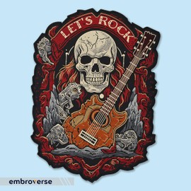 EMBROVERSE Let's Rock Guitar Skull Large Back Patch - Embroidered Iron-On with Guitarist Skeleton Theme, Perfect for Biker Jackets, Premium Quality, 10.4 x 14 inches