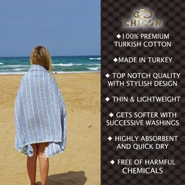 NERENZA CHICON Premium Turkish Beach Towel Cotton Peshtemal - Stylish Turkish Bath Towels extra large Blanket for Beach and Bathroom - Prewashed - 36 x 70 Inch XL - Maze Light Blue (1 unit)
