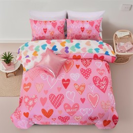 Holawakaka Girls Twin Pink Comforter Set with Sheets, 6 Pieces Boho Love Hearts Bedding Sets for Women Kids Teen-Girls, Bohemian Girly Pinky Bed in A Bag (Pink, Twin)