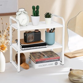 UPRIMEASY Desktop Shelf Organizer, 2-Tier Office Desk Shelf for Top of Desk, Wood & Metal Bookshelf Supplies Storage Rack (White)