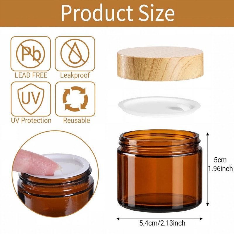 24 Pack 2 oz Amber Glass cosmetic Jars with Woodgrain