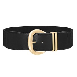 WHIPPY Women Wide Elastic Waist Belt for Dresses Fashion Gold Buckle Stretchy Leather Waistband for Ladies, Black, Fits Waist 45"-50"