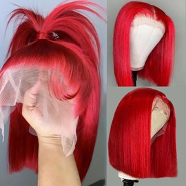 Munx 13X6 Bob Wig Wear and Go Glueless Wigs Real Human Hair 14" 180% Density Thick HD Transparent Lace Front Wigs Human Hair Pre Plucked with Baby Hair Red Colored Hair 14"