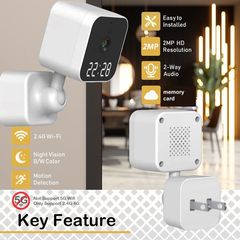 Indoor Security Camera with Clock 2.4G WiFi Wireless HD 3MP