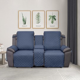 PureFit Water Resistant Reversible Loveseat Recliner Couch Cover for Double Recliner with Console – Non Slip Split Sofa Cover, Washable Reclining Cover for 2 Seat Recliner (Dark Blue/Light Blue)