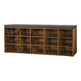 DINZI LVJ Shoe Storage Bench with Cushion, 15-Cubby Rack, Adjustable Shelves, Long Organizer Bench for Entryway, Mudroom, Hallway, Living Room, Bedroom and Garage, Rustic Brown