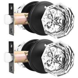 Orger 2 Pack Glass Door Knobs with Flat Black Rosette, Bath/Bed Door Knobs for Privacy Use, Keyless Interior Door Handles with Diamond Shape Crystal Glass and Zinc Alloy Base